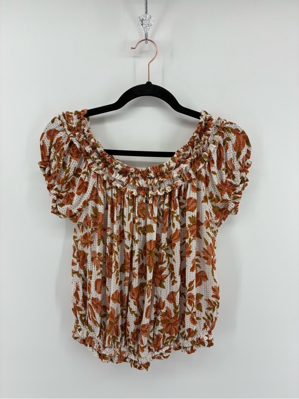 Off-Shoulder Floral Smocked Top in Rust Floral - Picture 2 of 8